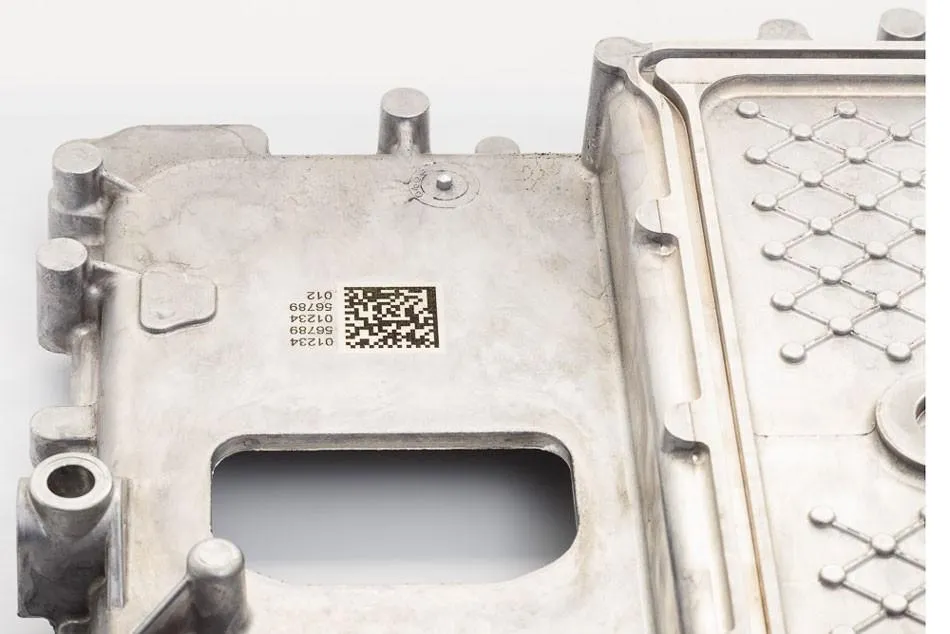 EV Automotive Parts Marking: Laser Marking for Electric Vehicle Components Laser marking a Data Matrix code on an aluminum EV inverter housing