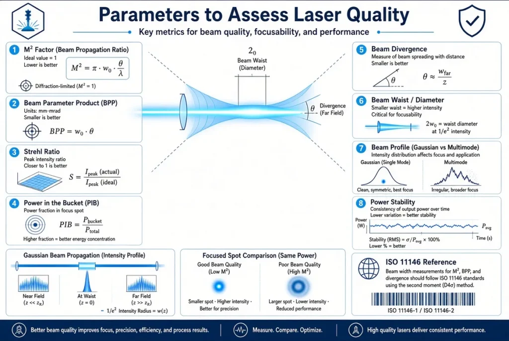 What parameters can be used to assess the quality of a laser
